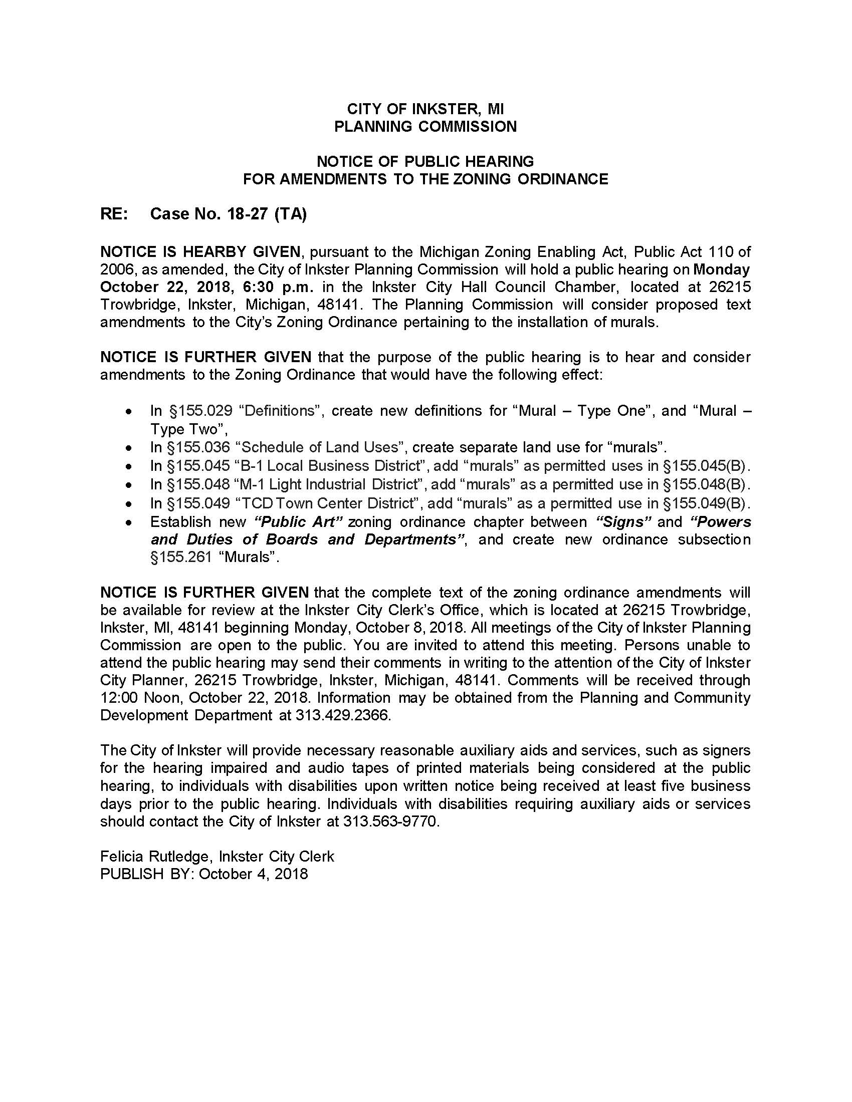Public Hearing Notice TA 18-27 Zoning Amendments Murals