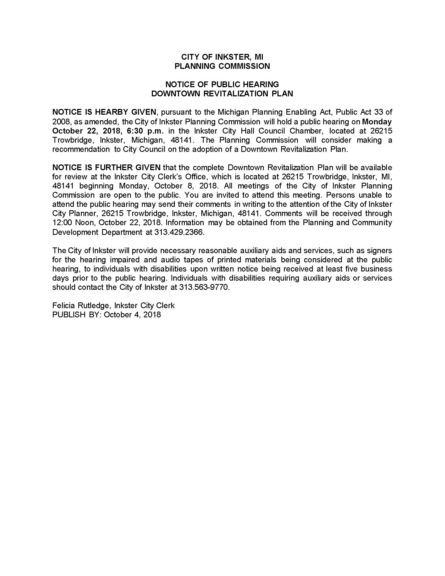 Public Hearing Notice Downtown Revitalization Plan
