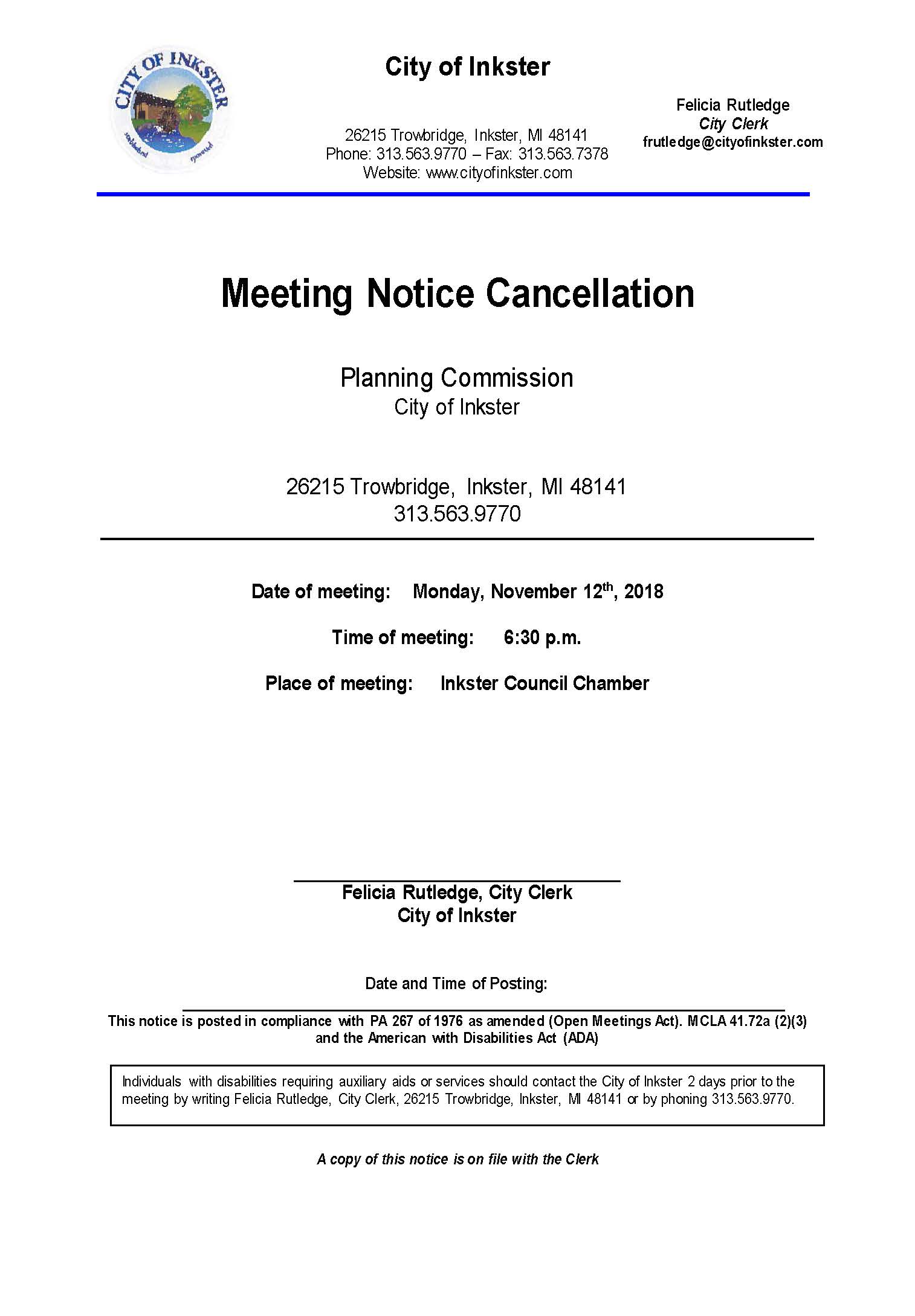 Planning Commission Cancellation Notice November 12 2018