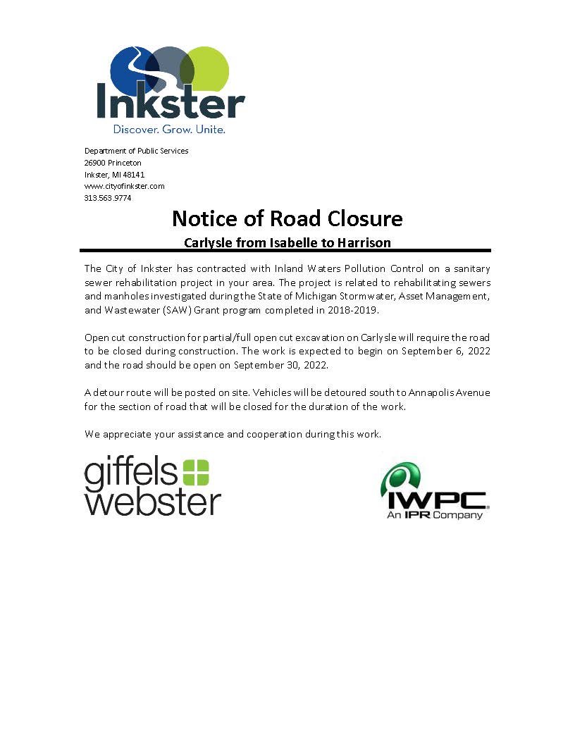 Notice for Road Closure - Carlysle
