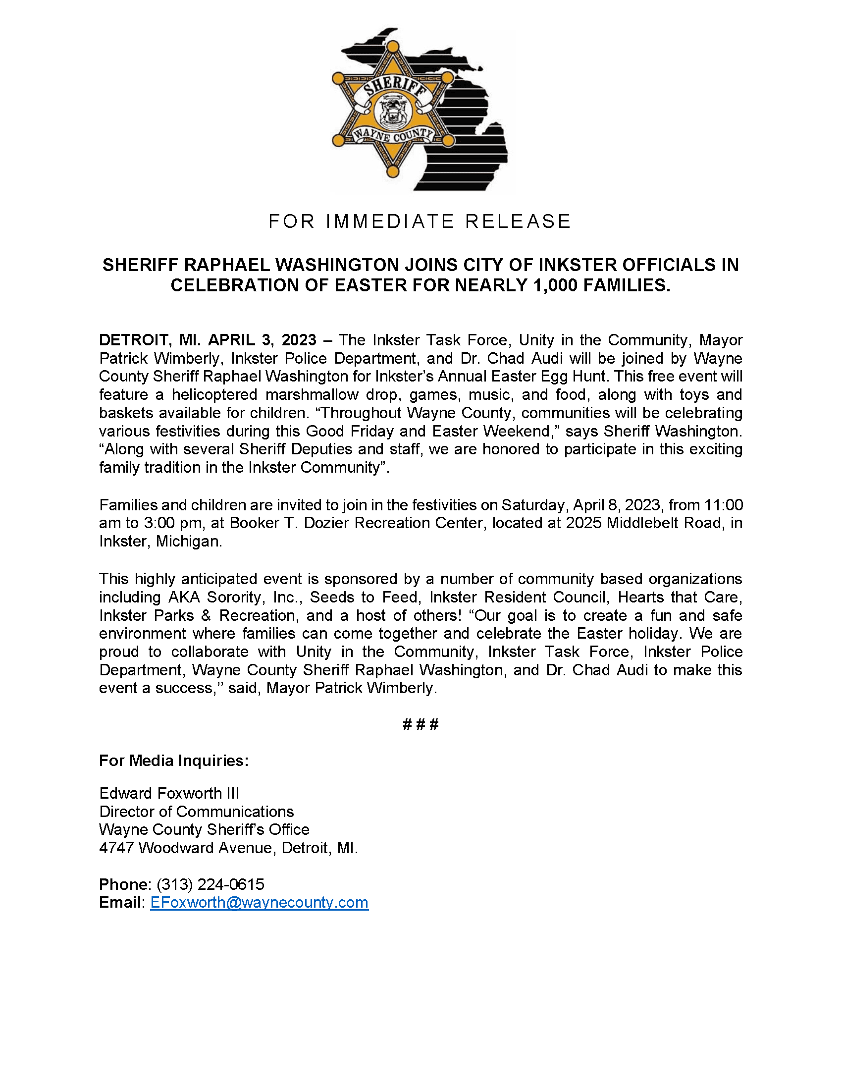 City of Inkster and Wayne County Sheriff Washington celebrate Easter - Press Release